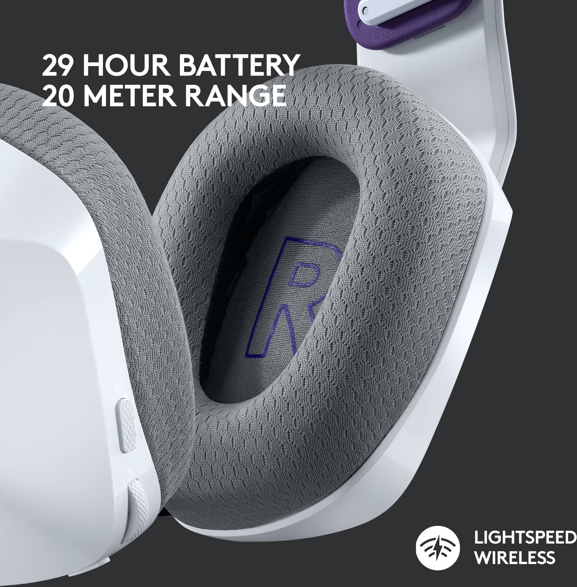 Casque sans fil avec coussinets d'oreille gris et cadre blanc. Le texte informe sur une autonomie de batterie de 29 heures et une portée de 20 mètres.