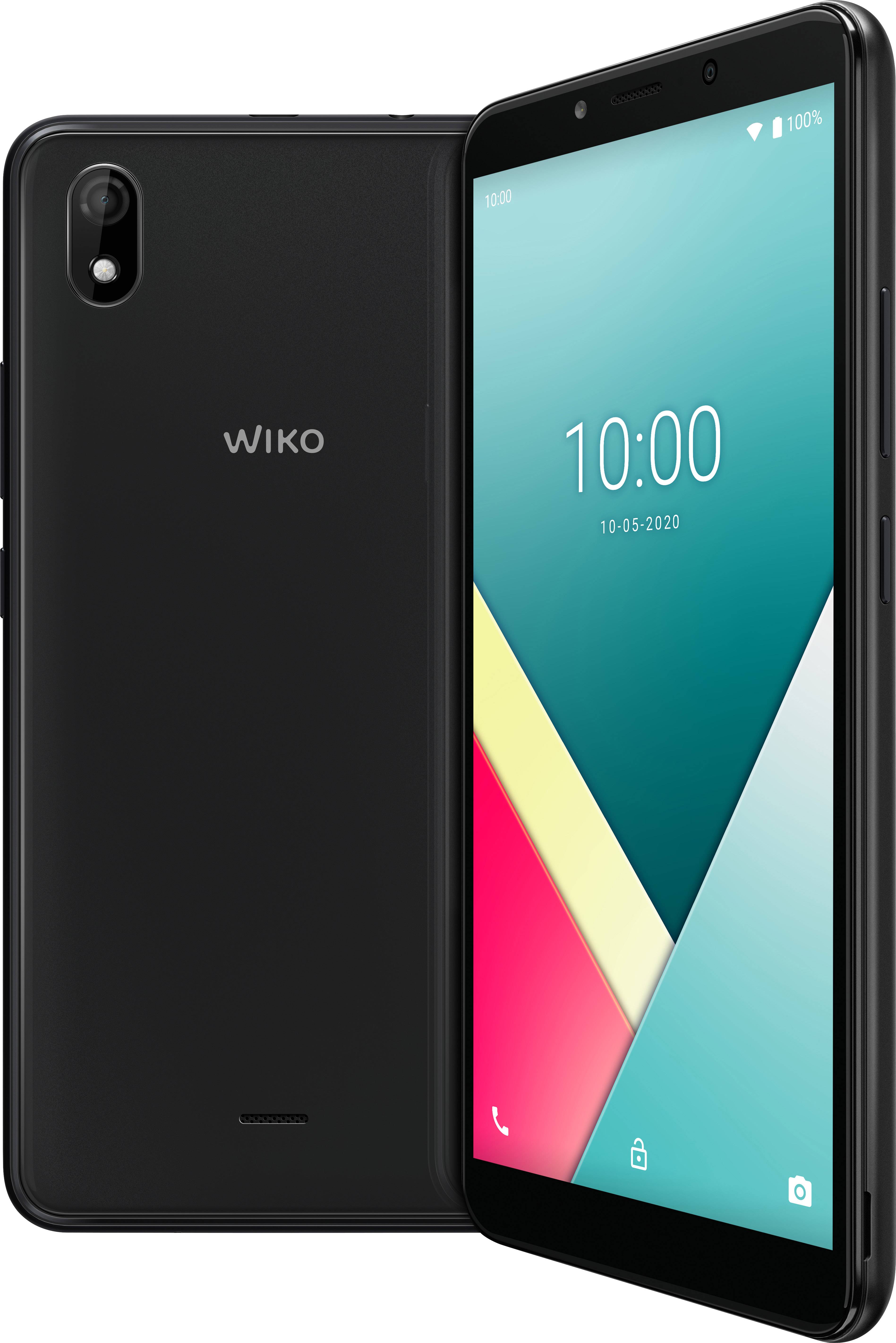 Smartphone noir, vue avant et arrière. Dos avec caméra, face avant affichant l'écran avec l'heure '10:00' et la date '10-05-2020'.