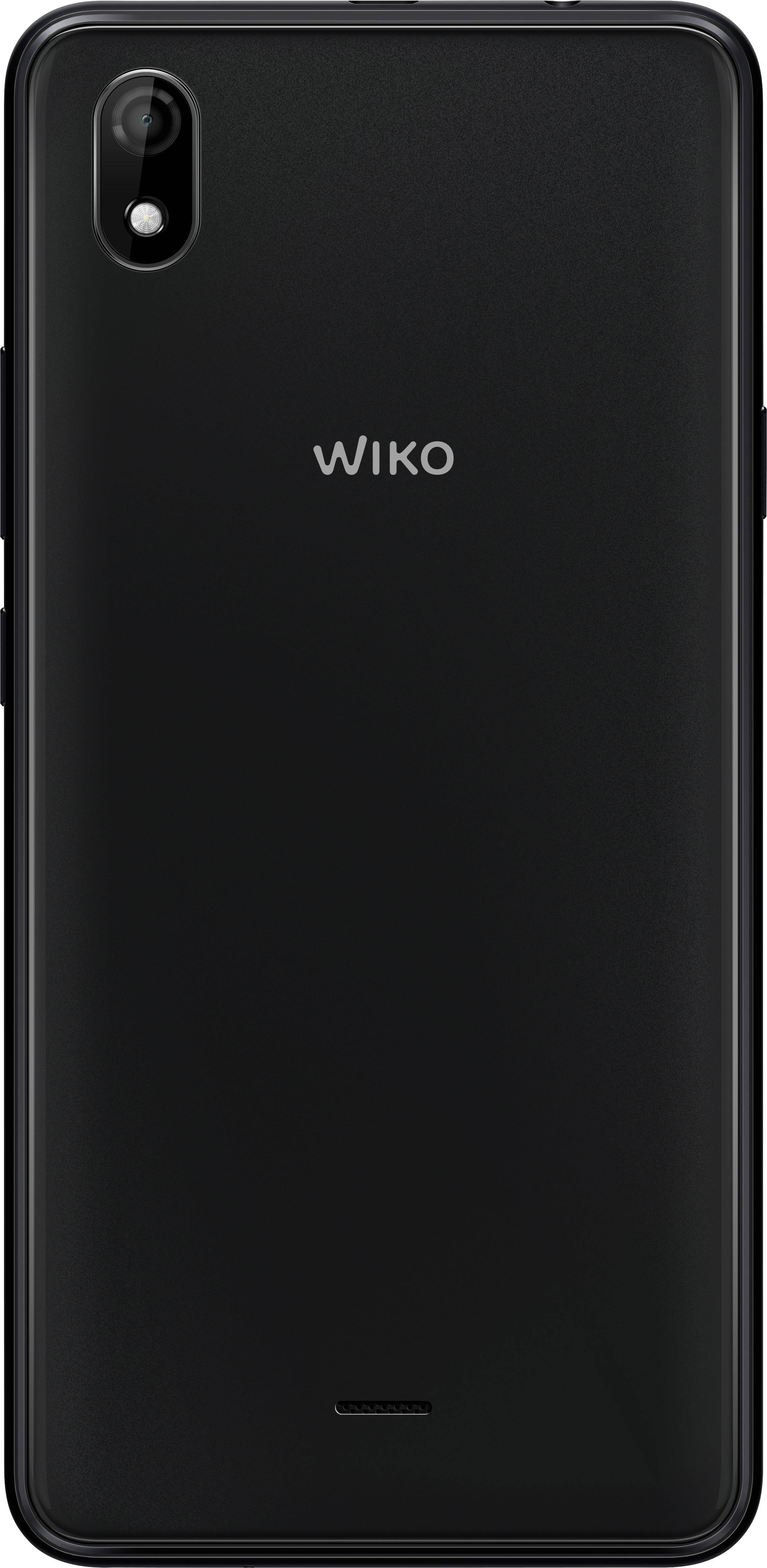 Un smartphone noir vu de dos, avec un module caméra dans le coin supérieur gauche et l'inscription 'WIKO' au centre.