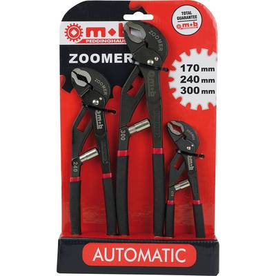 Trois pinces-étaux Zoomer avec indications de tailles : 170 mm, 240 mm, 300 mm. Emballage avec un fond rouge et le logo du produit.