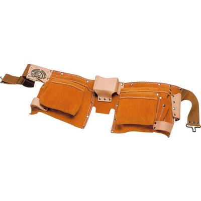 Une ceinture à outils marron avec plusieurs poches et passants pour outils et accessoires, fabriquée dans un matériau robuste.