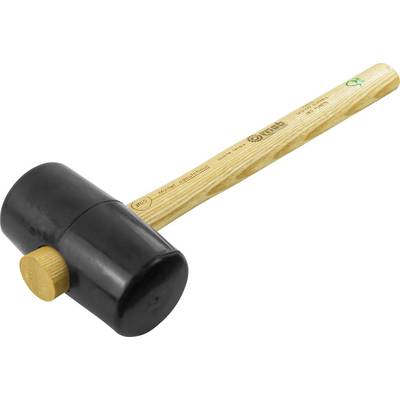 Un maillet en caoutchouc avec une tête noire et un manche en bois. Le marteau est adapté aux travaux où l'on souhaite éviter d'endommager la surface.