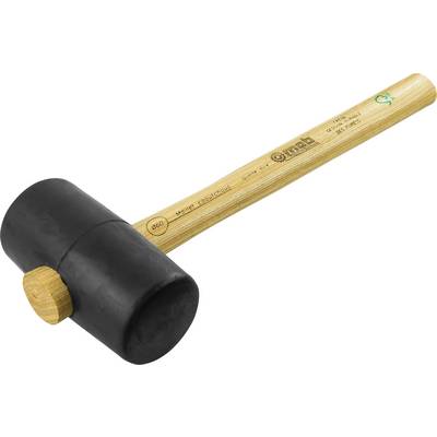 Un marteau en caoutchouc noir avec un manche en bois repose sur une surface blanche. Le manche est pourvu d'une description du fabricant et d'un logo.