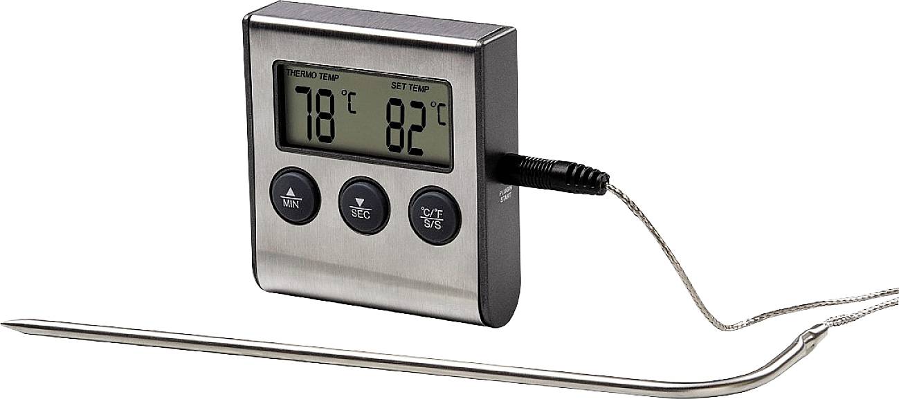 Thermomètre de cuisine numérique avec sonde en métal. L'écran affiche une température actuelle de 78°C et une température cible de 82°C.
