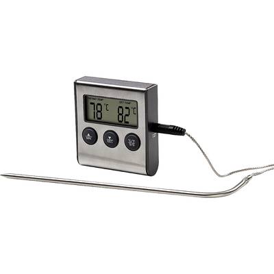 Thermomètre de cuisine numérique avec sonde en métal. L'écran affiche une température actuelle de 78°C et une température cible de 82°C.