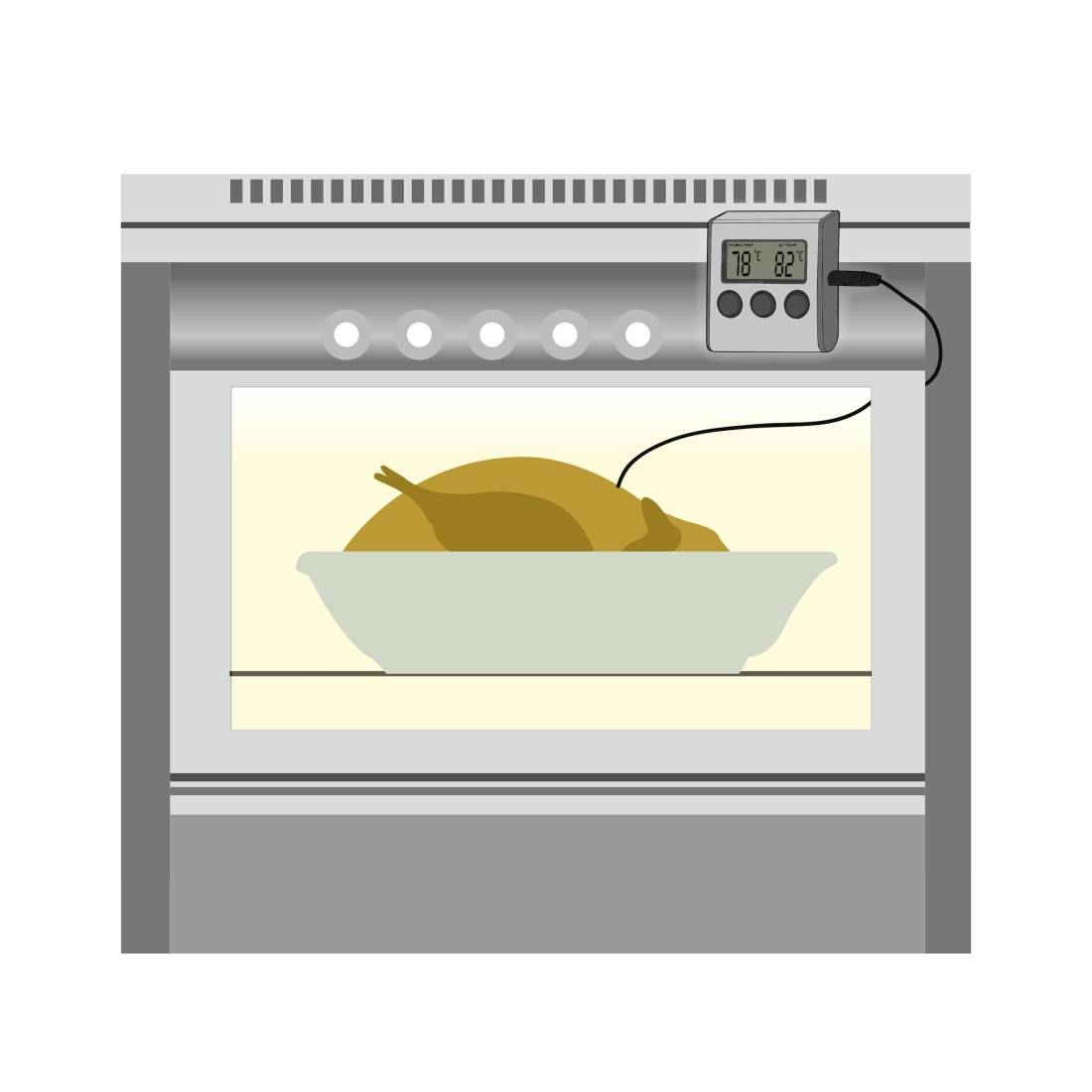 Une dinde rôtit dans un four. Un thermomètre indique la température du four pour surveiller la cuisson.