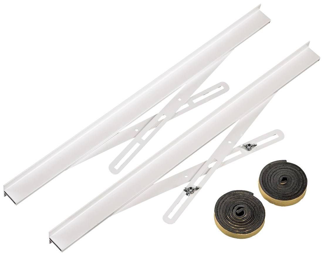 Deux rails télescopiques blancs avec des fentes de montage, accompagnés de deux rouleaux de joints noirs. Utilisés pour l'installation ou l'étanchéité.