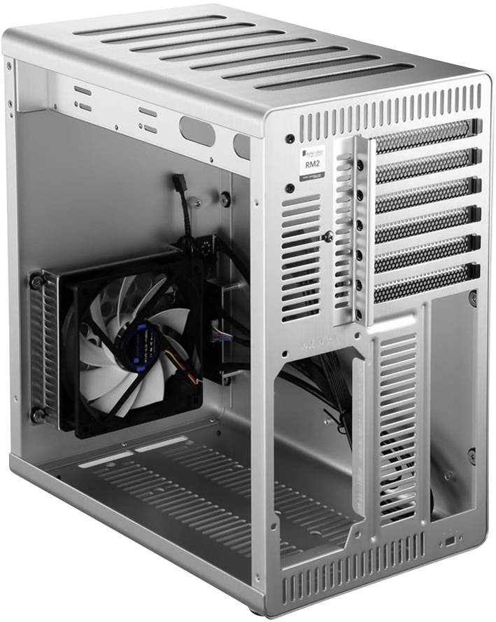 Boîtier d'ordinateur vide en argent avec ventilateur latéral et plusieurs emplacements d'extension, adapté aux projets de construction de PC.