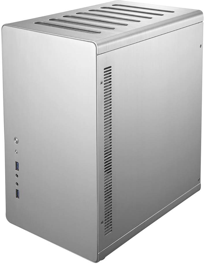 Boîtier d'ordinateur argenté avec des fentes de ventilation sur les côtés et deux ports USB à l'avant. Design minimaliste.
