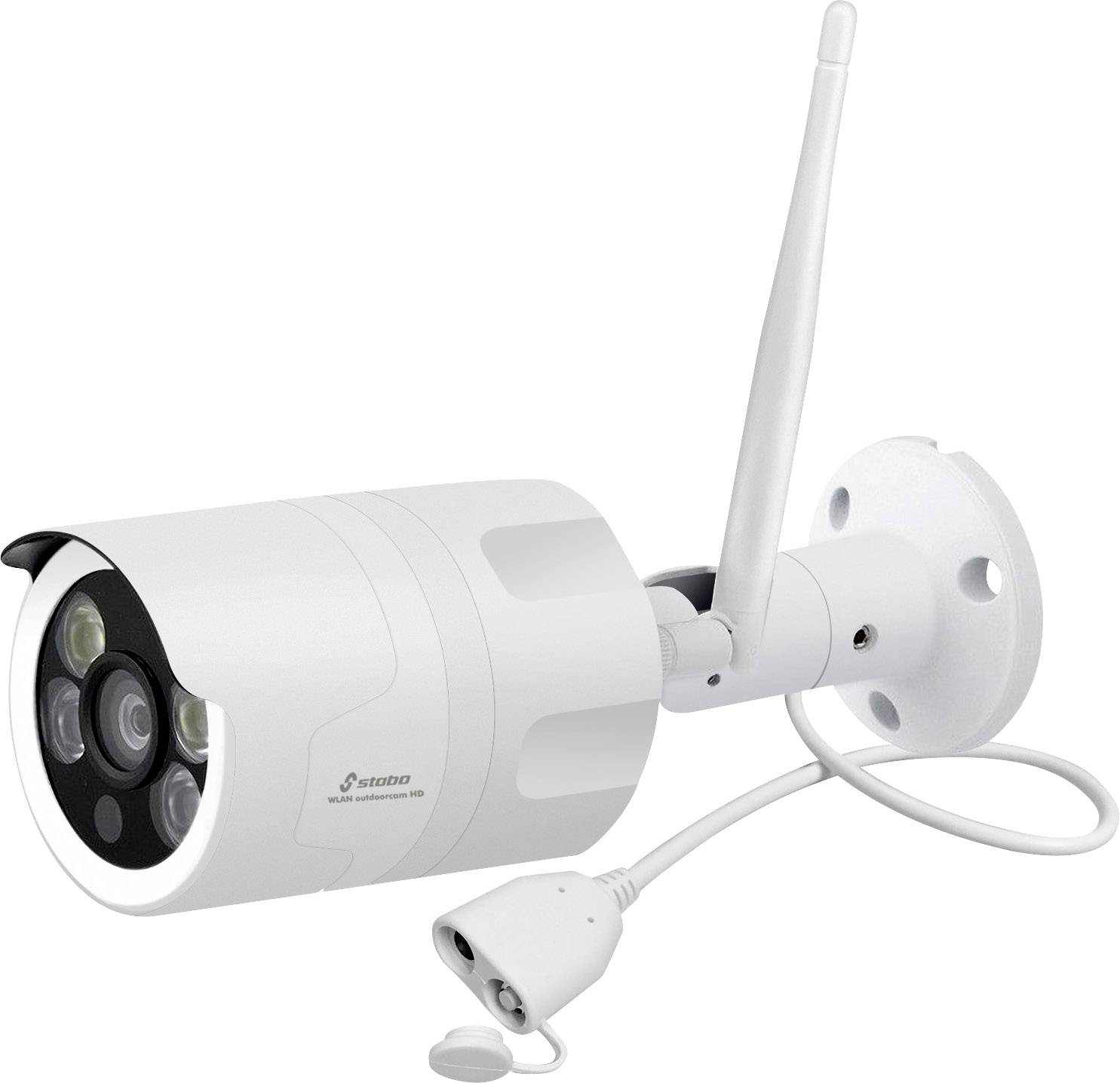 Une caméra de surveillance blanche avec une antenne est fixée à un support mural. Elle dispose de plusieurs objectifs pour une vue panoramique.