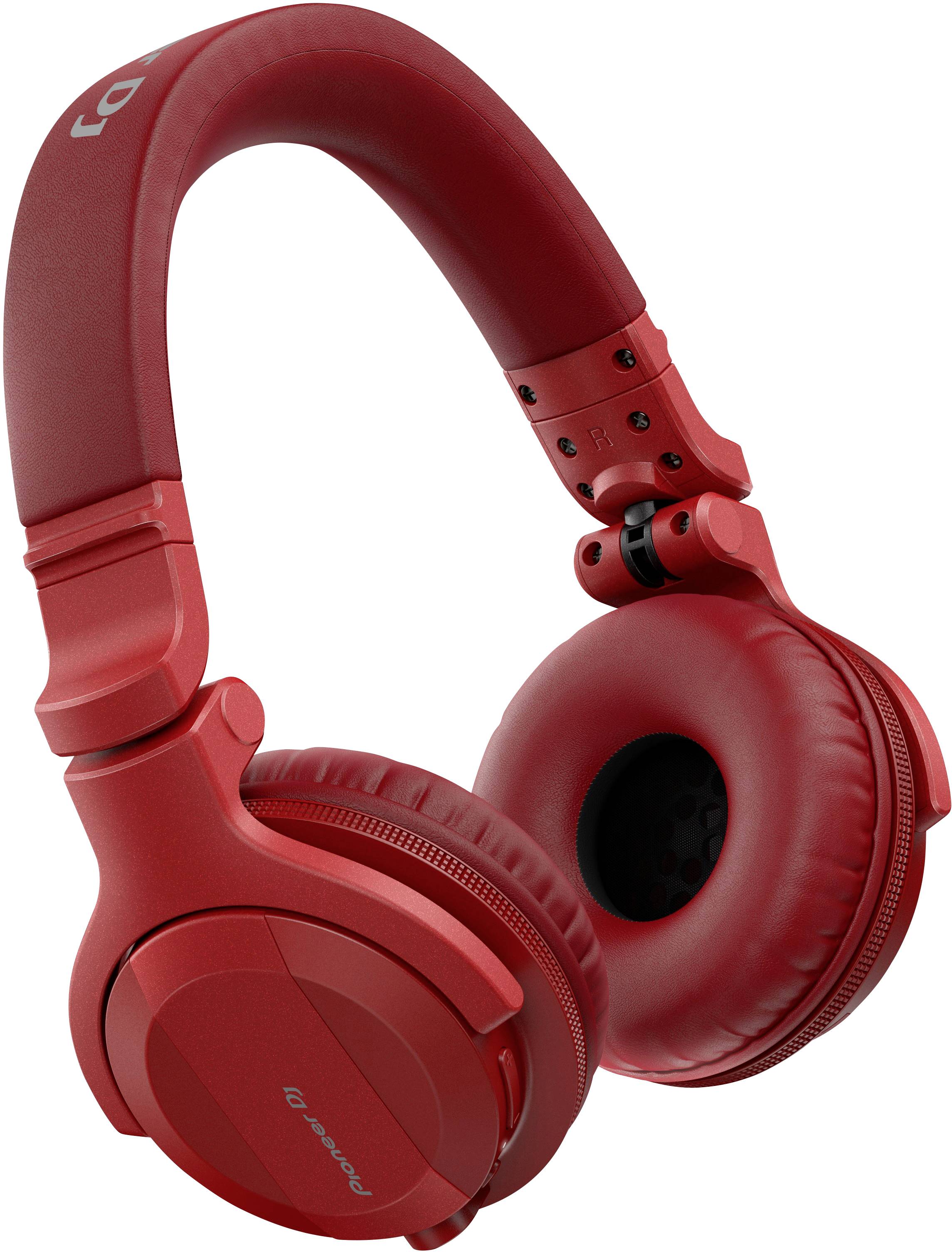 Casque audio rouge over-ear avec bandeau ajustable et coussinets d'oreille rembourrés, adapté à l'écoute de musique ou à une utilisation par des DJ.