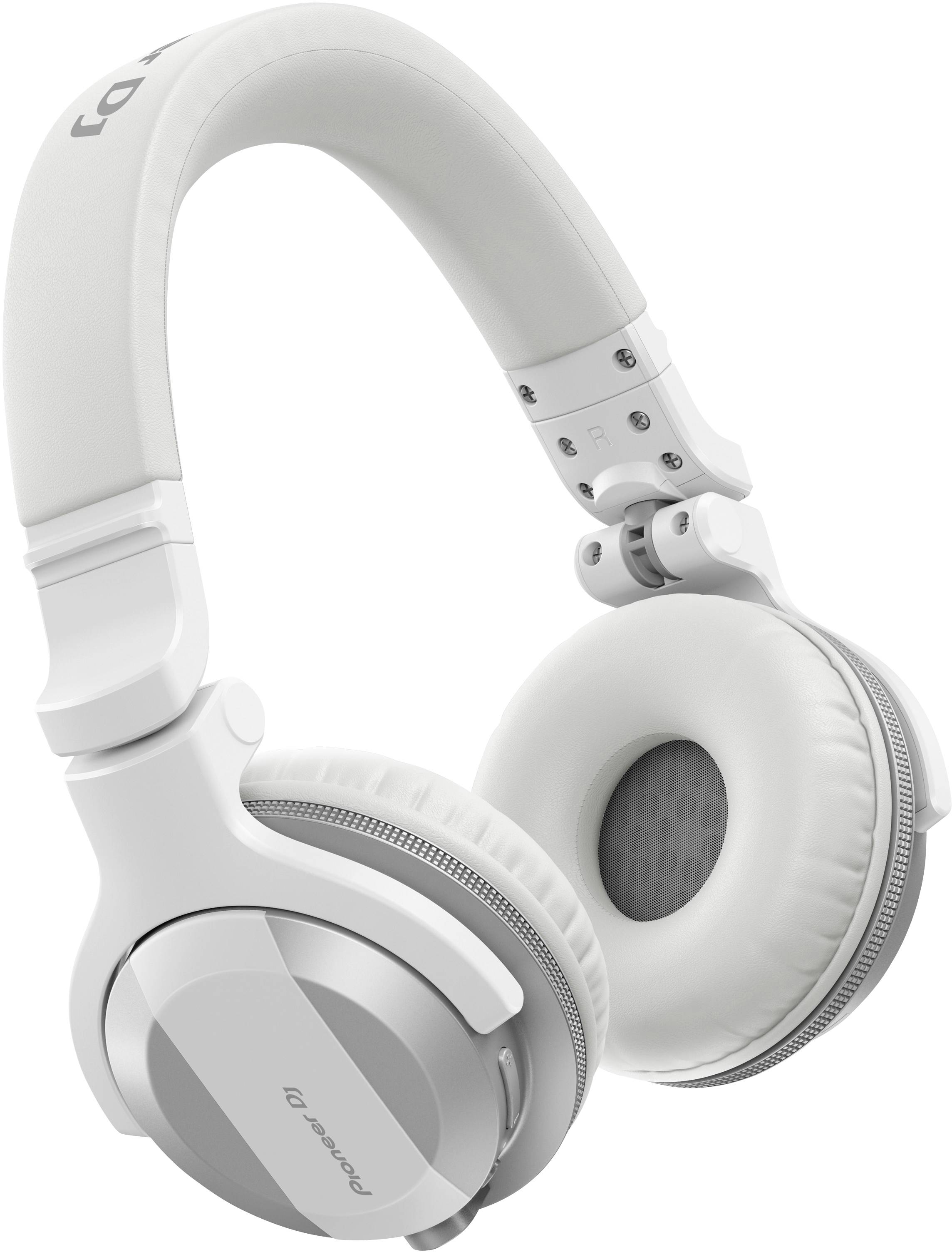 Casque audio blanc sans fil, circumauriculaire, avec coussinets rembourrés et arceau ajustable, idéal pour les DJ et les passionnés de musique.