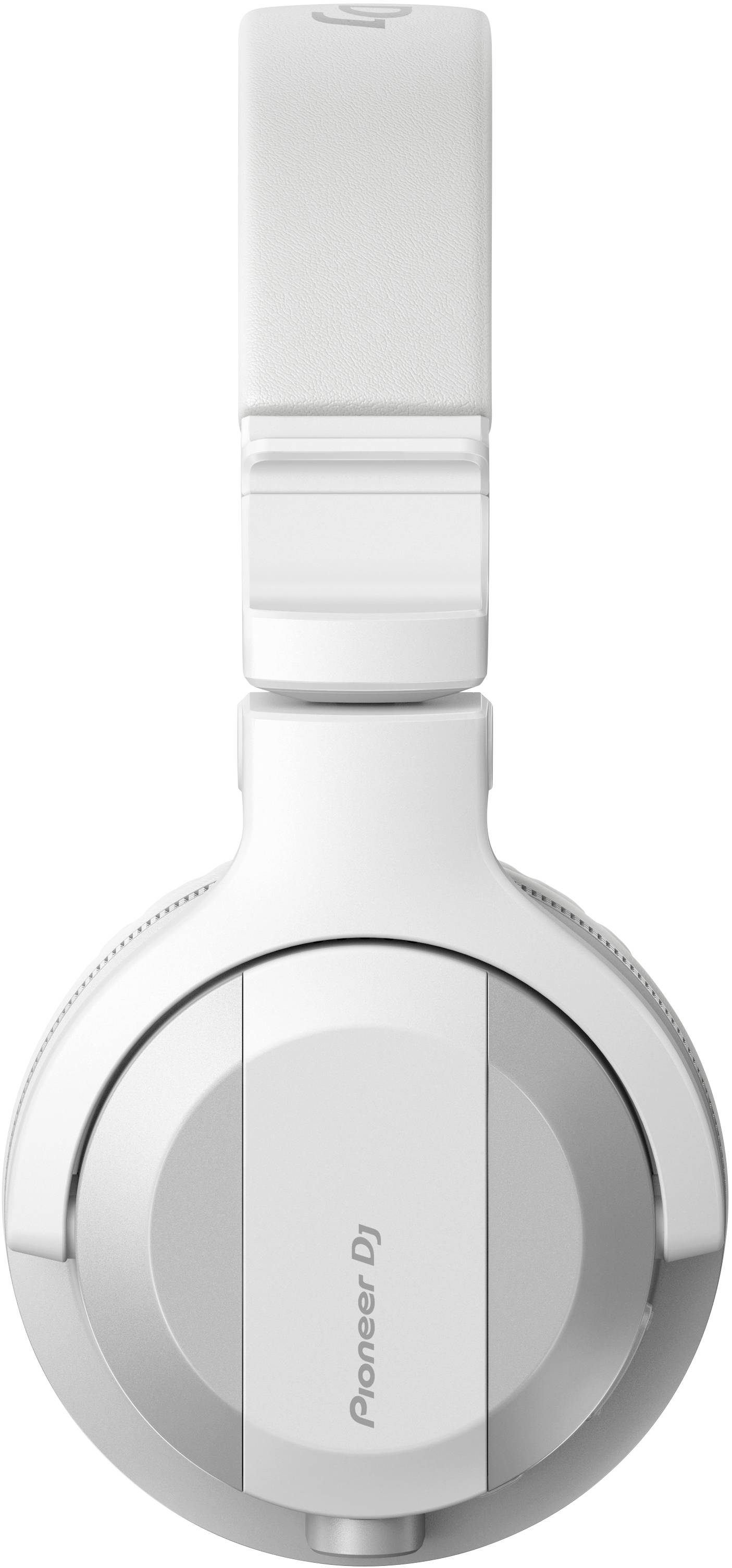 Casque DJ blanc de type circumaural, vue de dessus, avec le logo 'Pioneer DJ' sur le pavillon de l'écouteur.