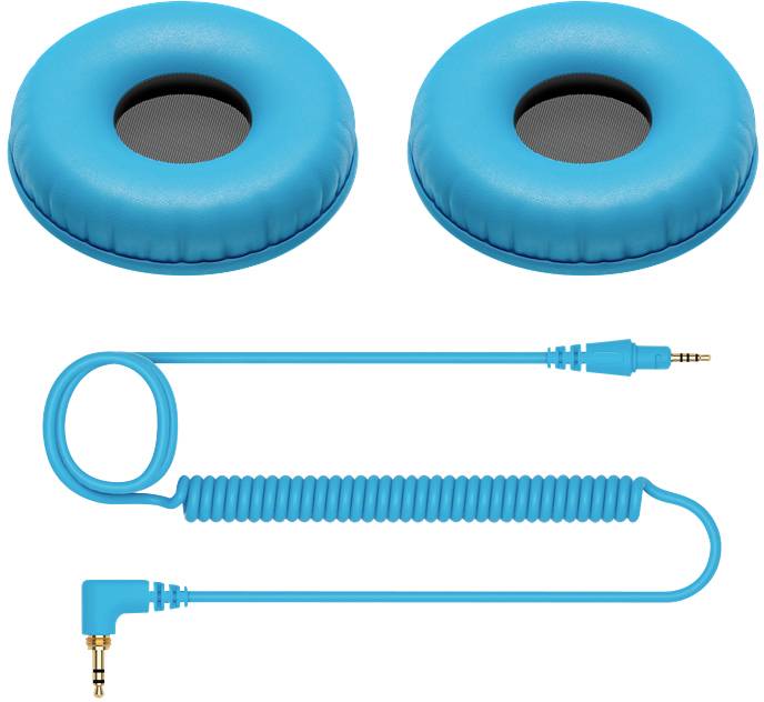Coussinets d'oreille bleus et ronds, avec un câble spiral bleu et une connexion audio pour casque, présentés sur un fond blanc.