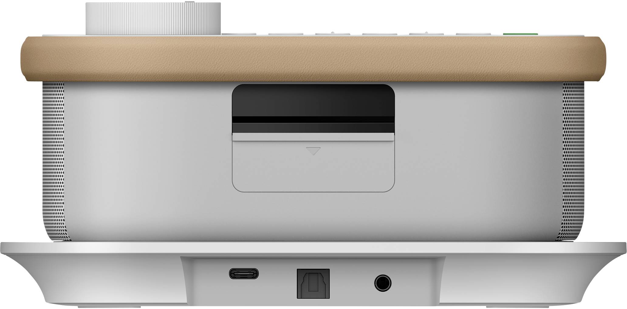 Un projecteur portable en vue latérale avec des ports et des sorties d'aération. Un bouton de réglage est visible en haut. Idéal pour les présentations.