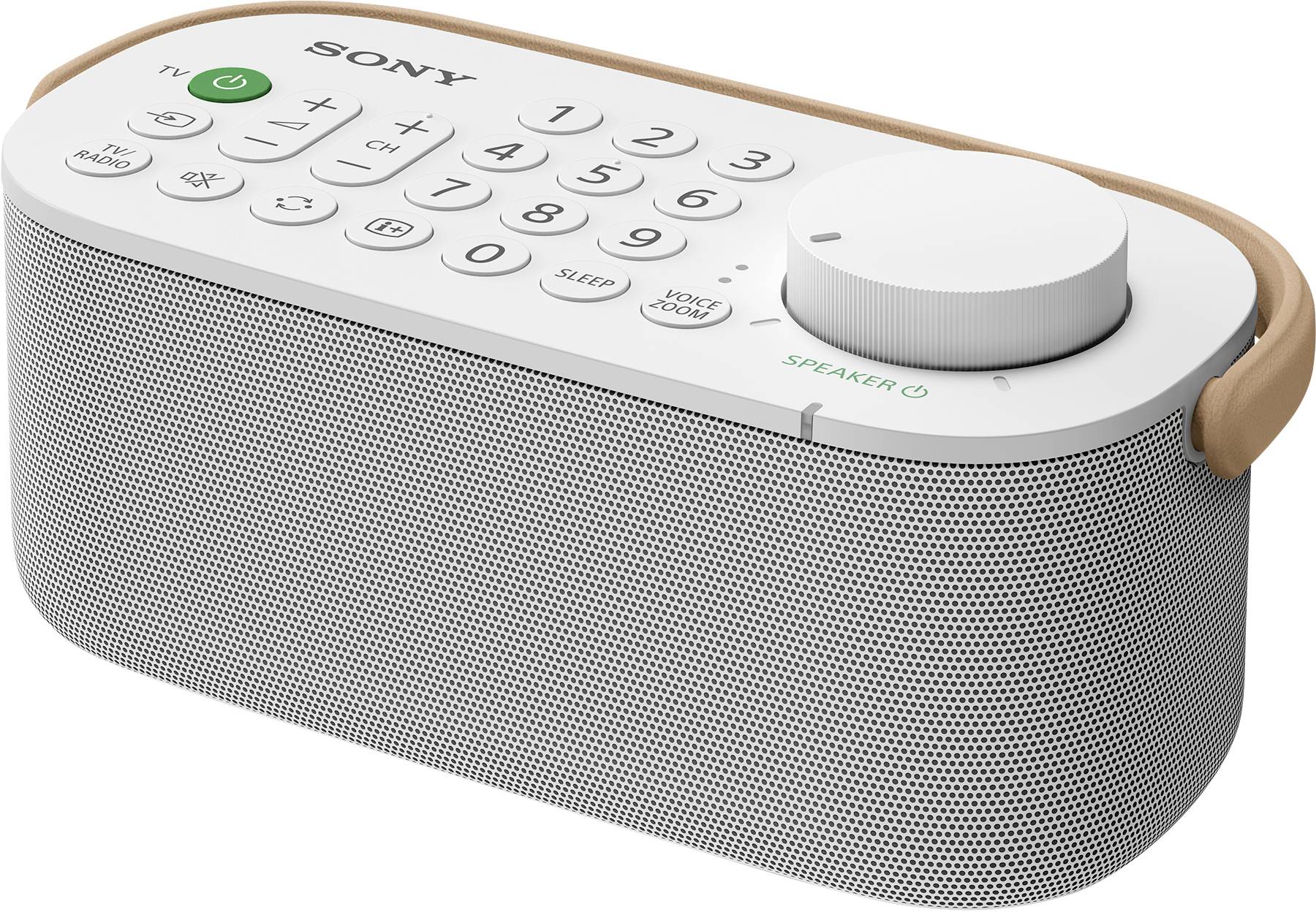 Un radio portable Sony blanc avec haut-parleurs, clavier et contrôle de volume. Bordé de marron avec un indicateur de mise en marche.