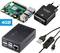 Kit Raspberry Pi comprenant une carte mère, un boîtier noir, un bloc d'alimentation 'Voltcraft QC9-3000', un câble USB et une mention de 4 Go de RAM, adapté pour divers projets.