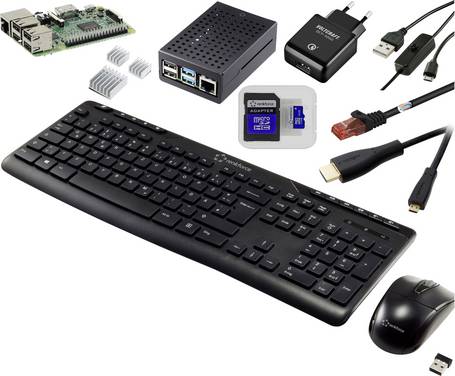 TRU COMPONENTS Pro Set Raspberry Pi® 3 B 1 GB 4 x 1.2 GHz avec alimentation, avec boîtier, avec refroidisseur, avec câble HDMI, avec clavier, avec souris
