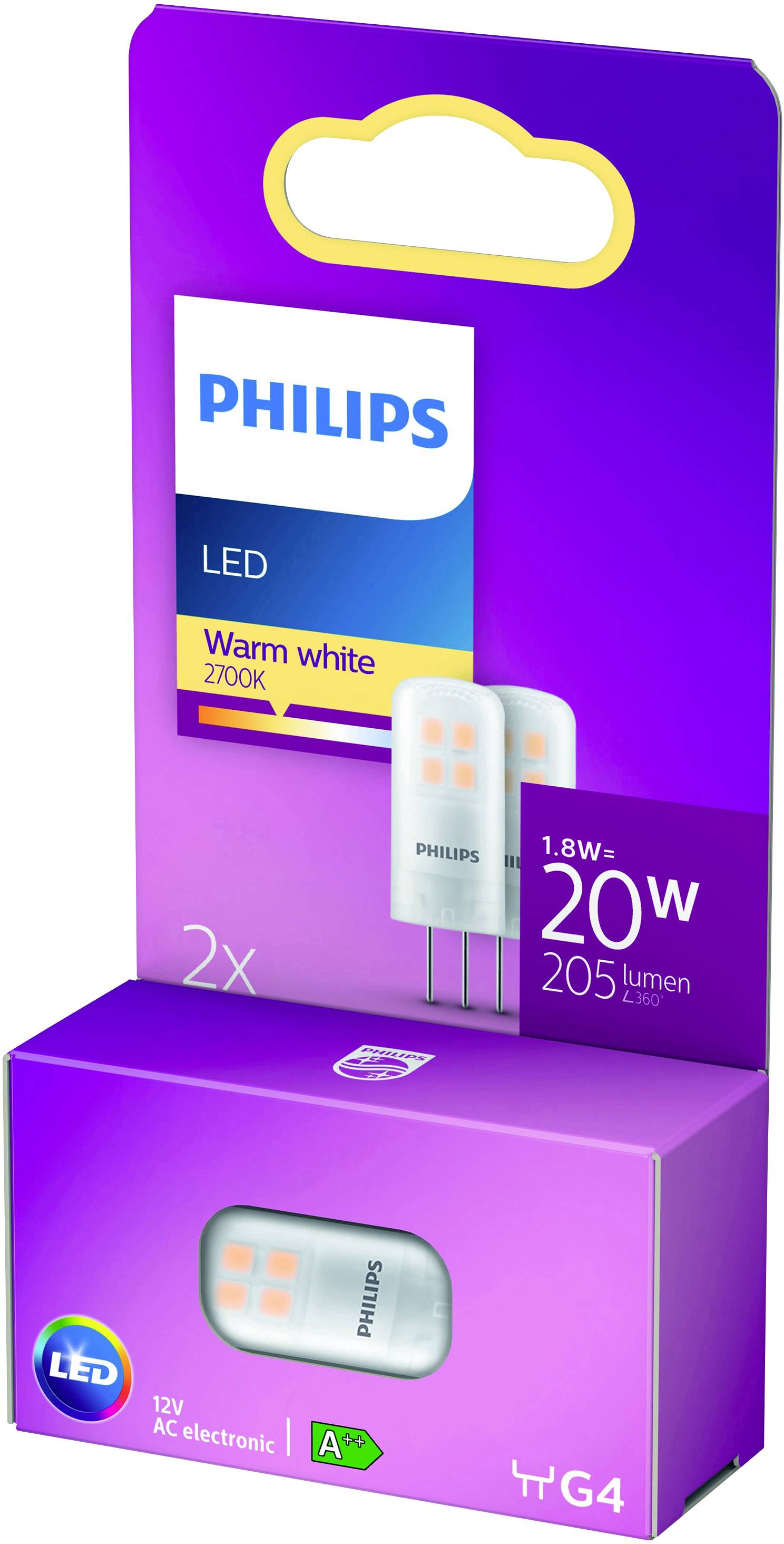 Emballage de lampes LED Philips, blanc chaud, 2700K, 1,8W remplaçant 20W, 205 lumens. Contient deux pièces, classe d'efficacité énergétique A.