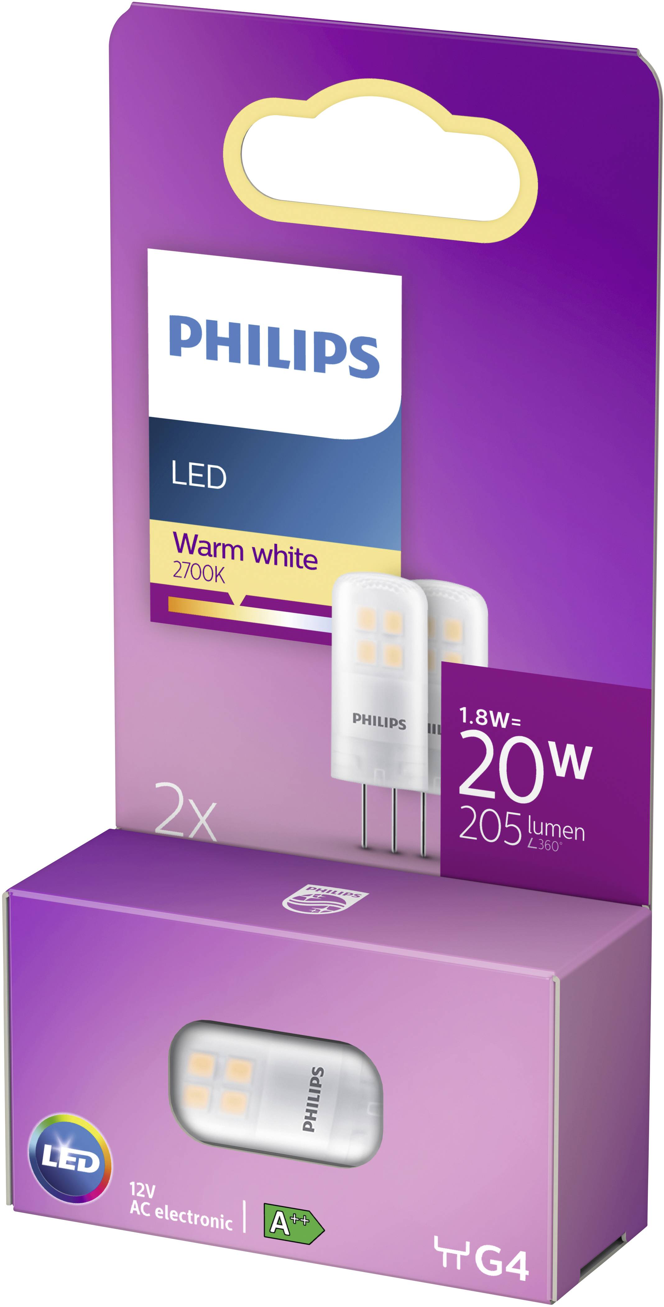 Philips Lampe LED G4, blanc chaud, 2700K, 1,8W équivalent à 20W, 205 lumens, économe en énergie, l'emballage présente deux lampes.