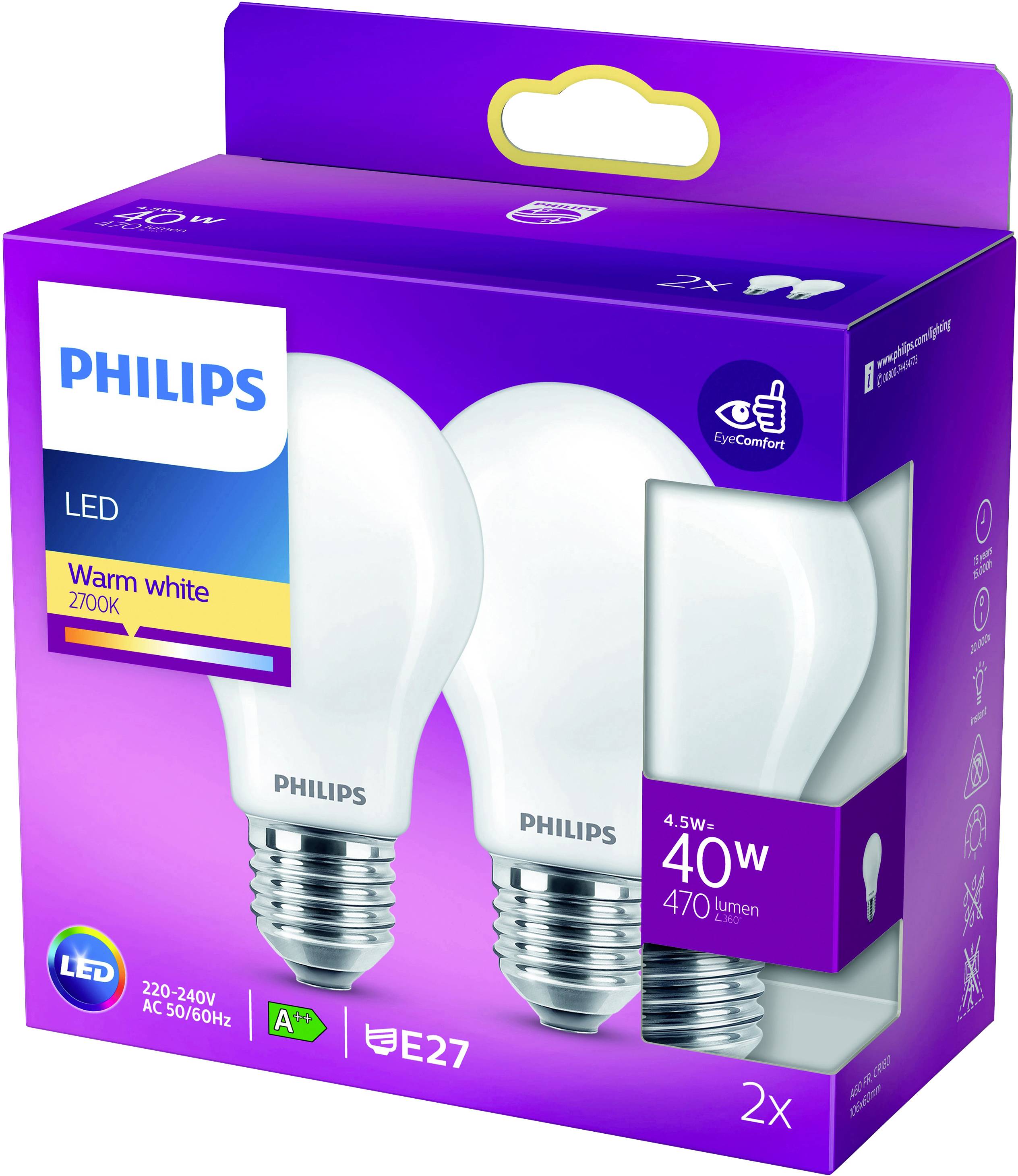 Deux ampoules LED blanches Philips dans un emballage bleu, avec 'Blanc chaud 2700K', puissance de 4,5W et 470 lumens. Culot E27.