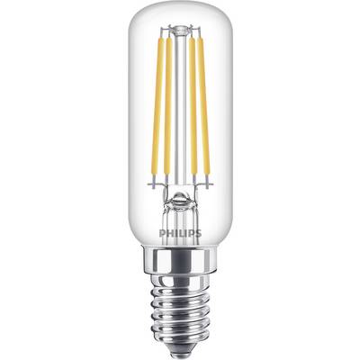 Une ampoule LED Philips de forme cylindrique avec effet filament, adaptée à la douille E14, dans un boîtier en verre transparent.