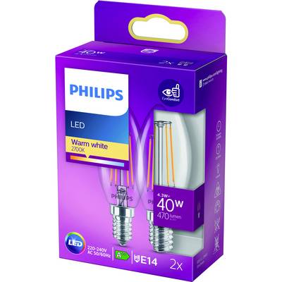 Deux ampoules LED Philips dans un emballage violet. Inscription : « Blanc chaud 2700K », « 4,3W », « 40W », « 470 lumens », « E14 », « 2x ».