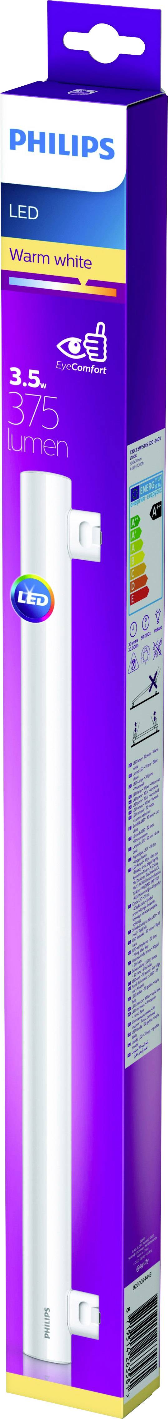 Emballage d'un tube fluorescent LED Philips lumière chaude, 3,5 W, 375 lm. Étiquette d'efficacité énergétique et informations sur le produit visibles.