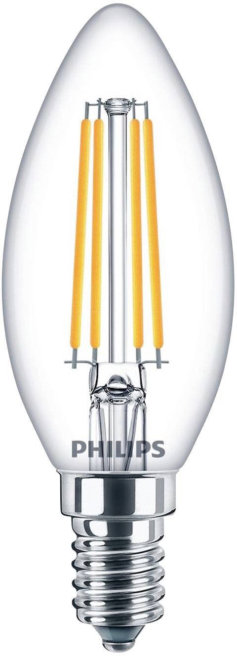 Une ampoule transparente avec des filaments LED visibles, portant la marque 'Philips', sur un fond blanc.