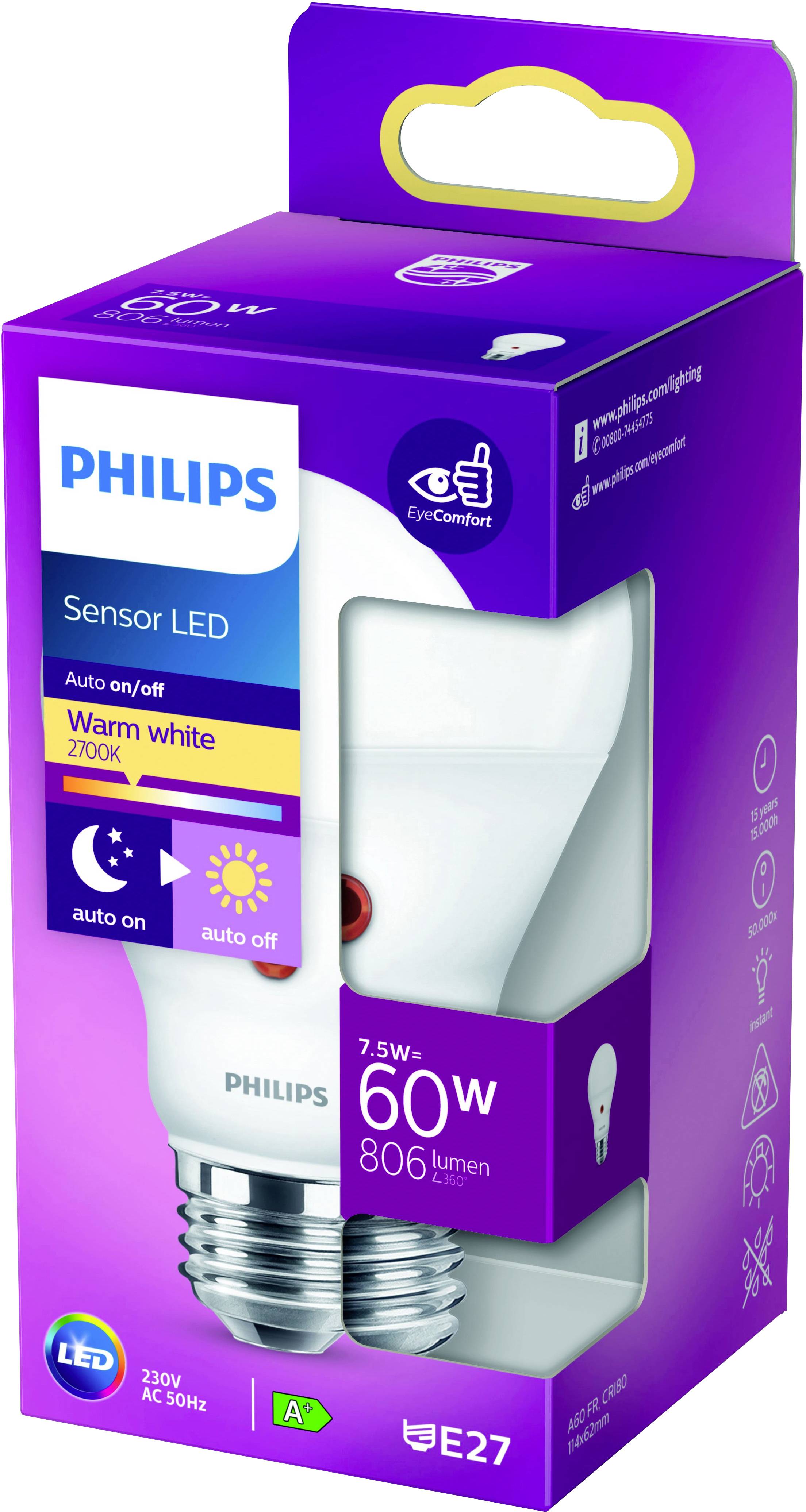Une ampoule LED Philips dans un emballage violet, 7,5 W, équivalent 60 W, 806 lumens, lumière blanc chaud, culot E27.