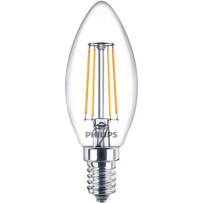 Une ampoule transparente en forme de bougie avec des filaments visibles et l'inscription 'Philips' sur la base.