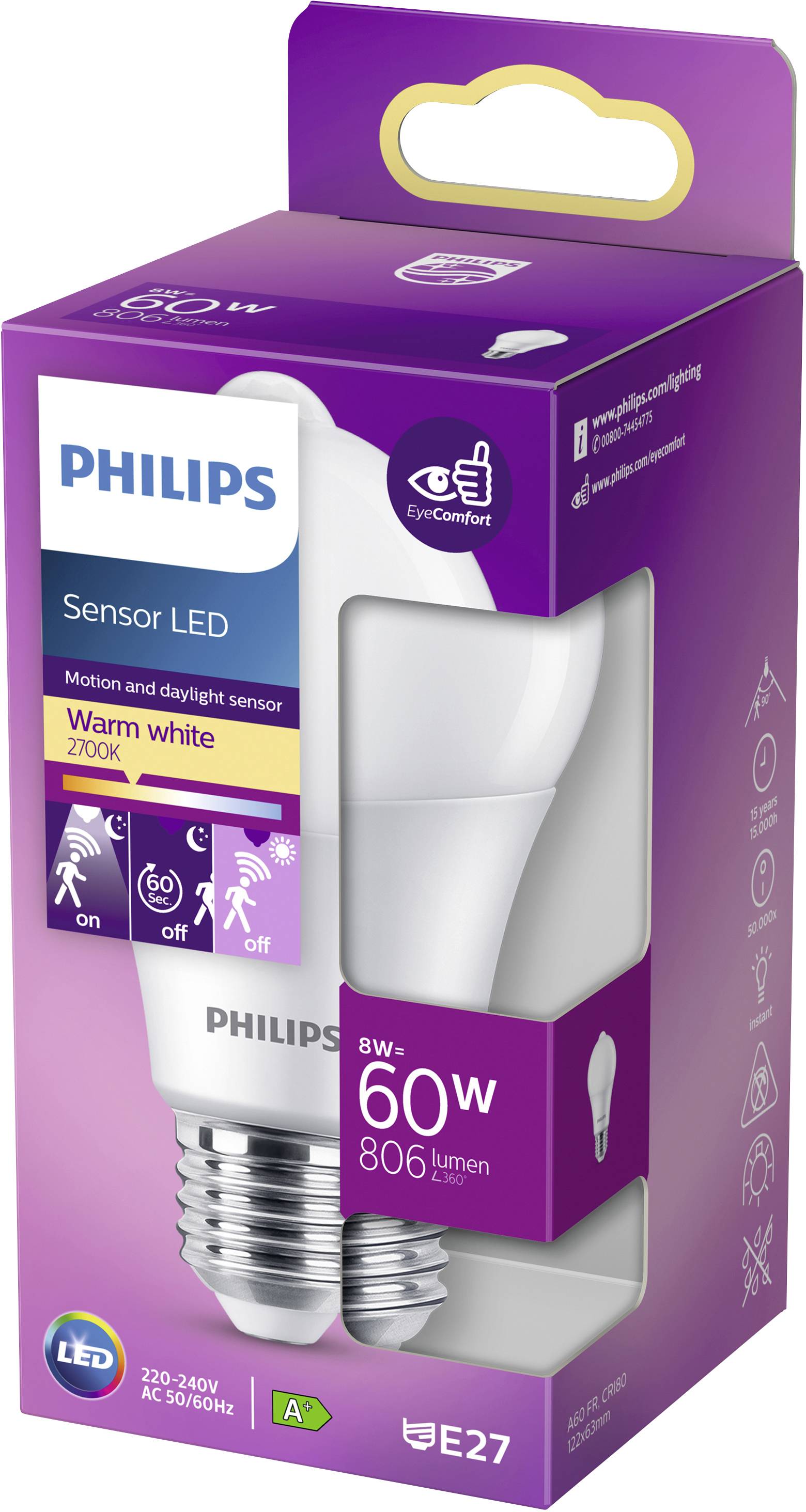 Un ampoule LED Philips avec capteur, de puissance 8W, 806 lumens, lumière blanc chaud et culot E27. L'emballage affiche l'icône "EyeComfort".