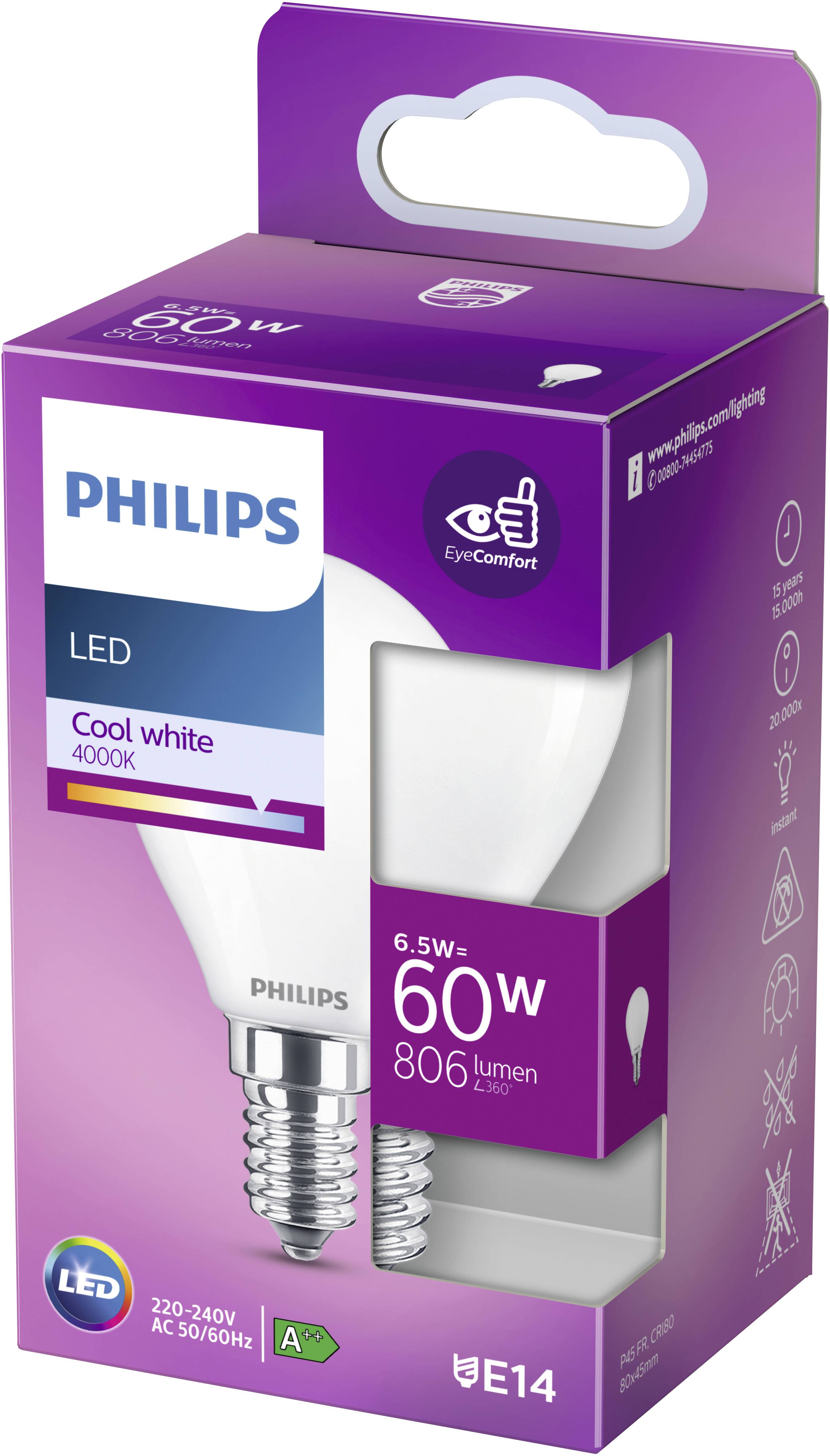 Emballage d'une ampoule LED Philips, E14, 6,5W, équivalent 60W, 4000K Blanc Froid. Marquage de classe énergétique A+ visible.