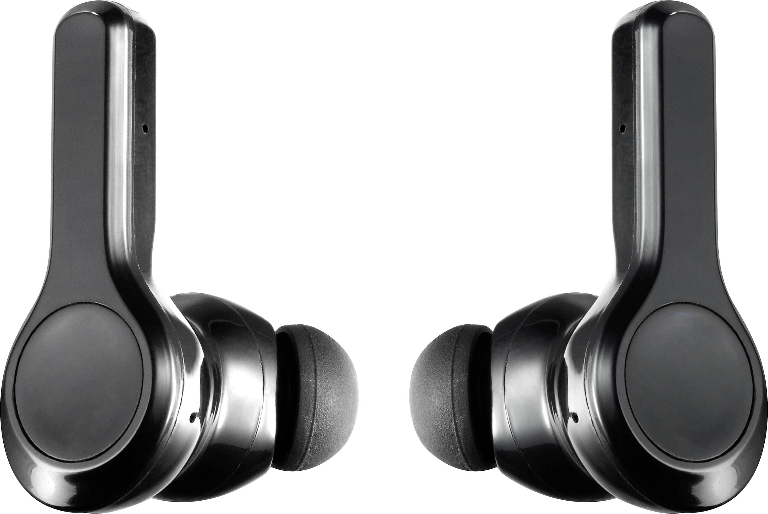 Écouteurs intra-auriculaires sans fil noirs à surface brillante, alignés symétriquement côte à côte.