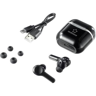 Écouteurs sans fil intra-auriculaires avec étui de charge, câble de charge USB et embouts de rechange. Design noir moderne, marque 'Renkforce'.
