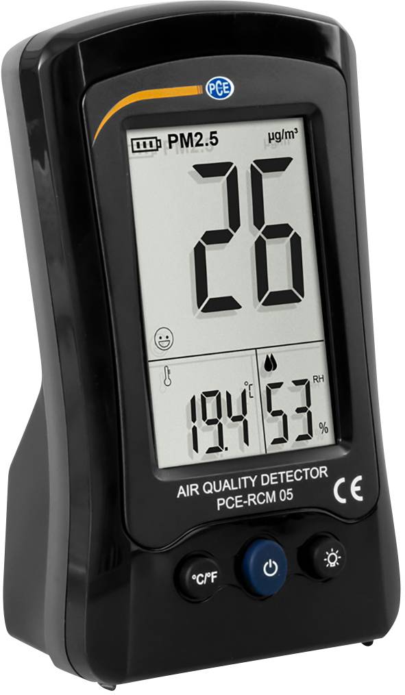 Appareil de mesure de la qualité de l'air noir avec affichage numérique : 'PM2.5', 26 µg/m³, Température 19,4°C, Humidité 53%.