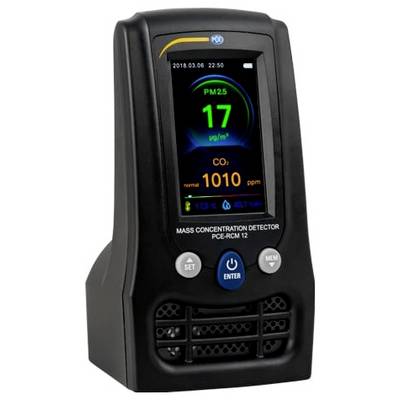 Détecteur de qualité de l'air portatif affichant le niveau PM2,5 de 17 µg/m³ et le niveau CO₂ de 1010 ppm, avec la date et l'heure en haut.