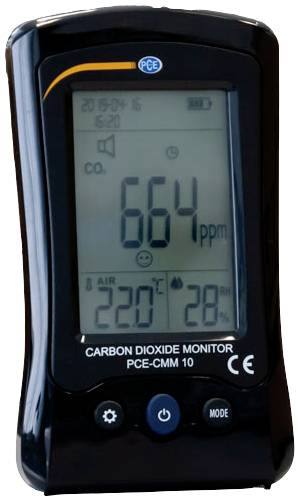 Appareil de mesure du dioxyde de carbone affiche 664 ppm de CO2, température de l'air à 22°C, humidité de 28%. Écran LCD avec affichage de la date et de l'heure.