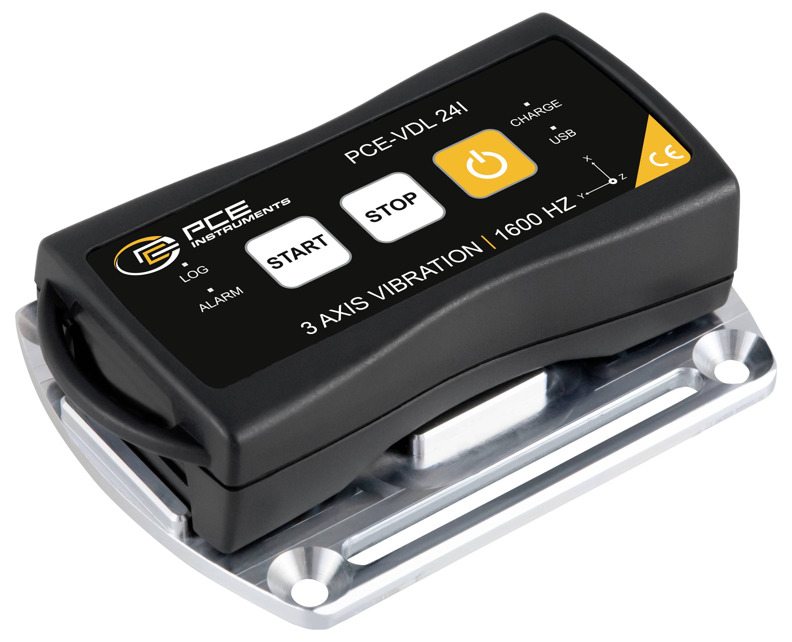 Enregistreur de vibrations portable 3 axes sur une base de montage en métal, avec étiquettes visibles pour Démarrage, Arrêt, alimentation, journal, alarme, charge et USB.