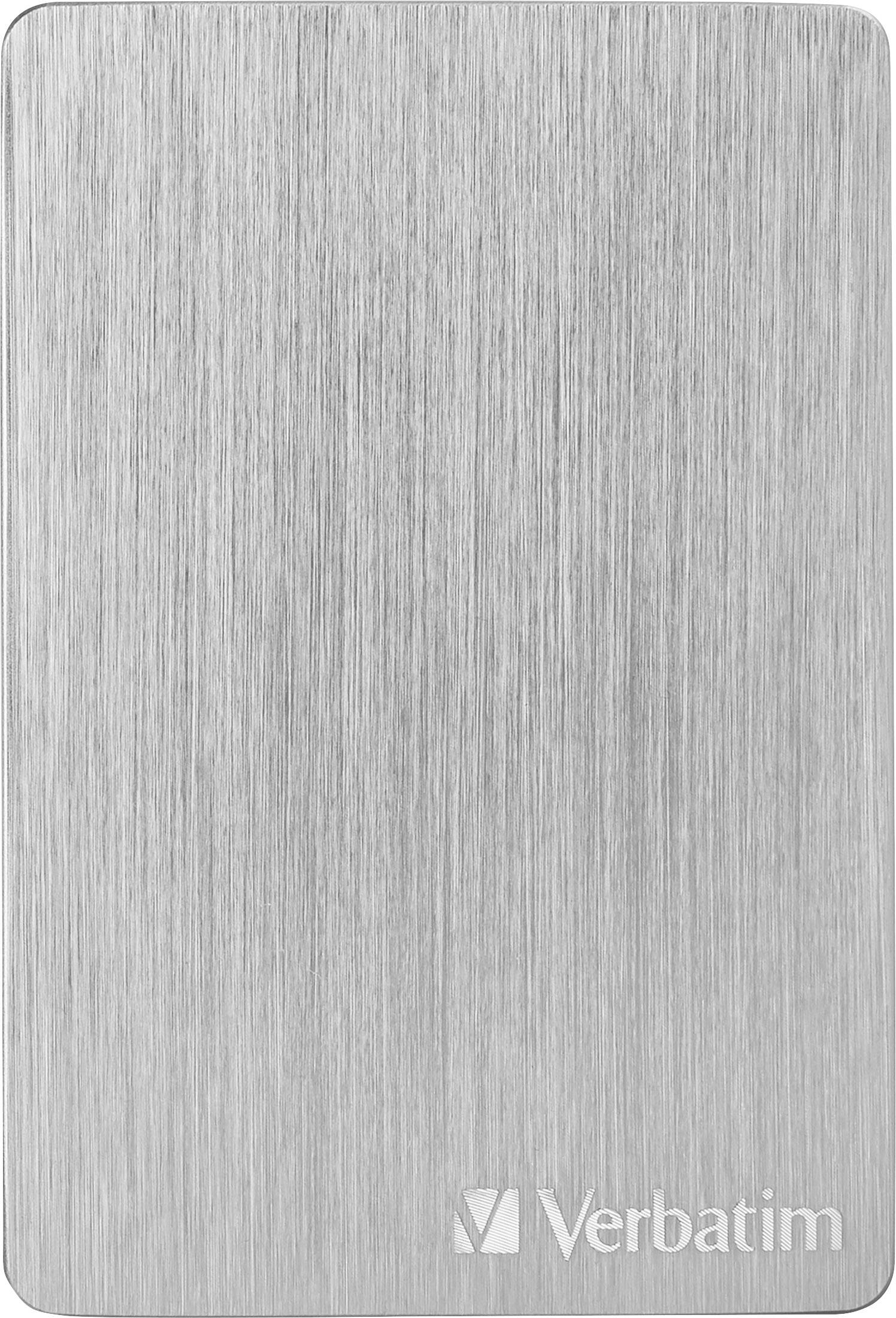 Disque dur externe à surface métallique brossée. Le logo de 'Verbatim' est visible en bas à droite.