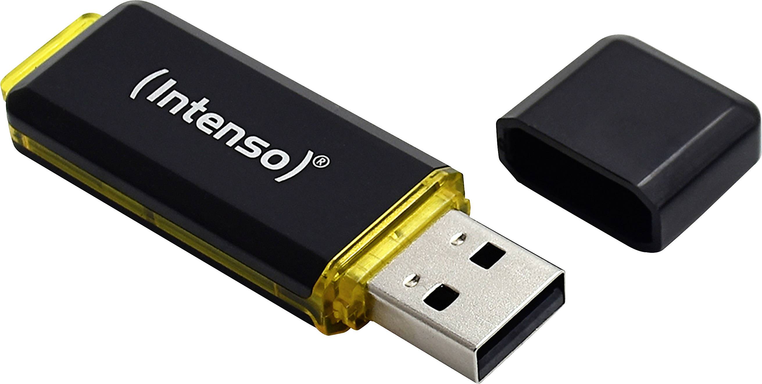 Clé USB noire avec un cadre jaune et son capuchon retiré, de marque 'Intenso'.