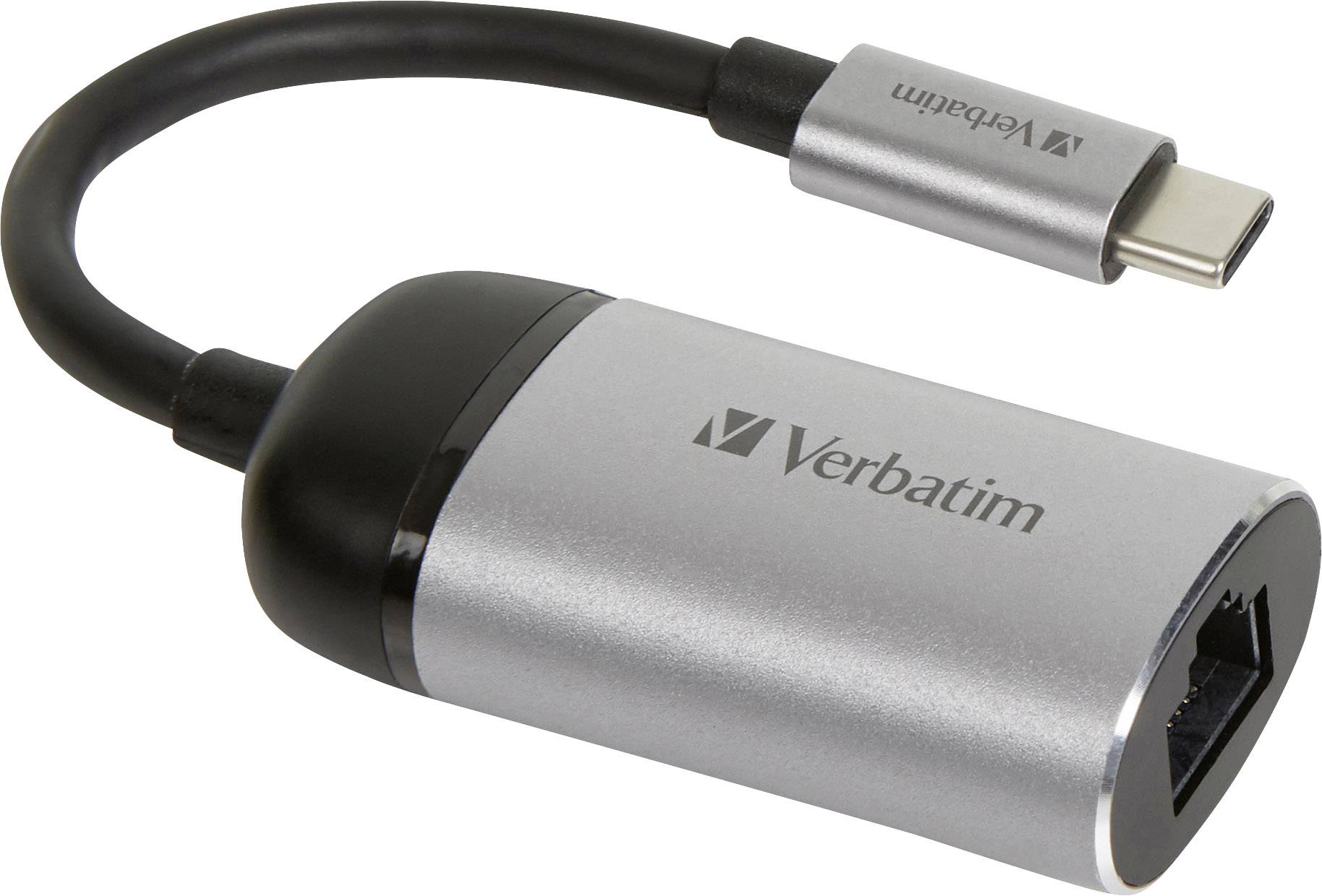 Adaptateur Ethernet Verbatim argenté avec port USB-C et prise RJ45, permettant de connecter des appareils aux réseaux.