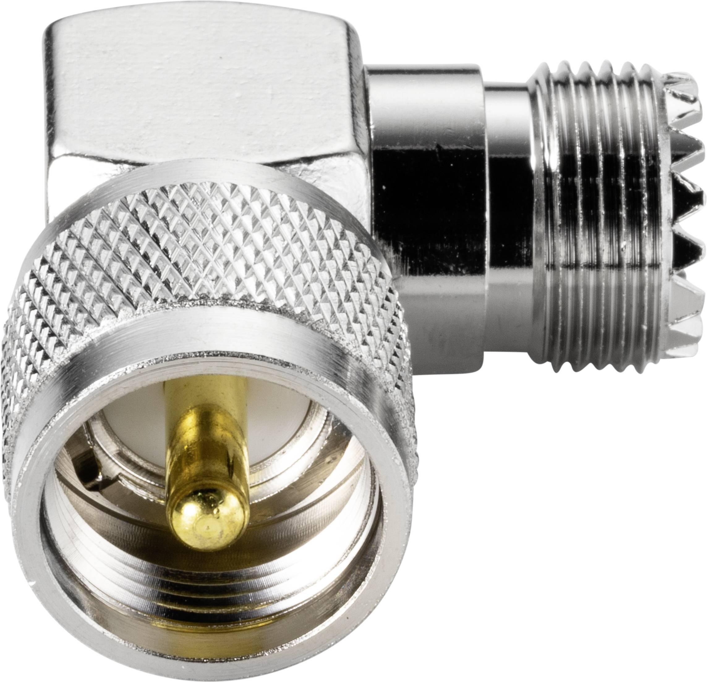 Un adaptateur coudé à 90 degrés avec fiche F mâle vers embase F femelle, en matériau métallique. Adapté aux connexions de câbles d'antenne, compact et robuste.