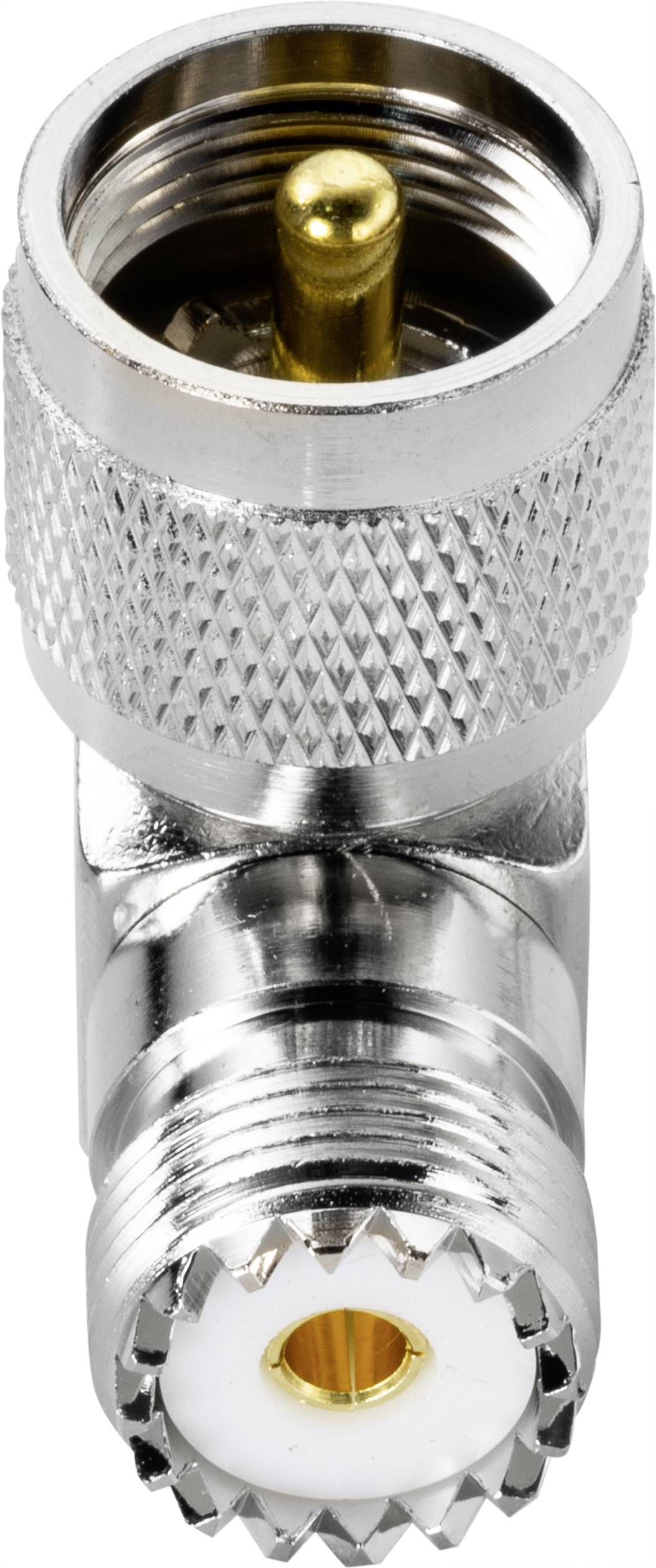 'Un adaptateur d'antenne coaxial avec une connexion mâle et femelle, fabriqué en métal brillant.'