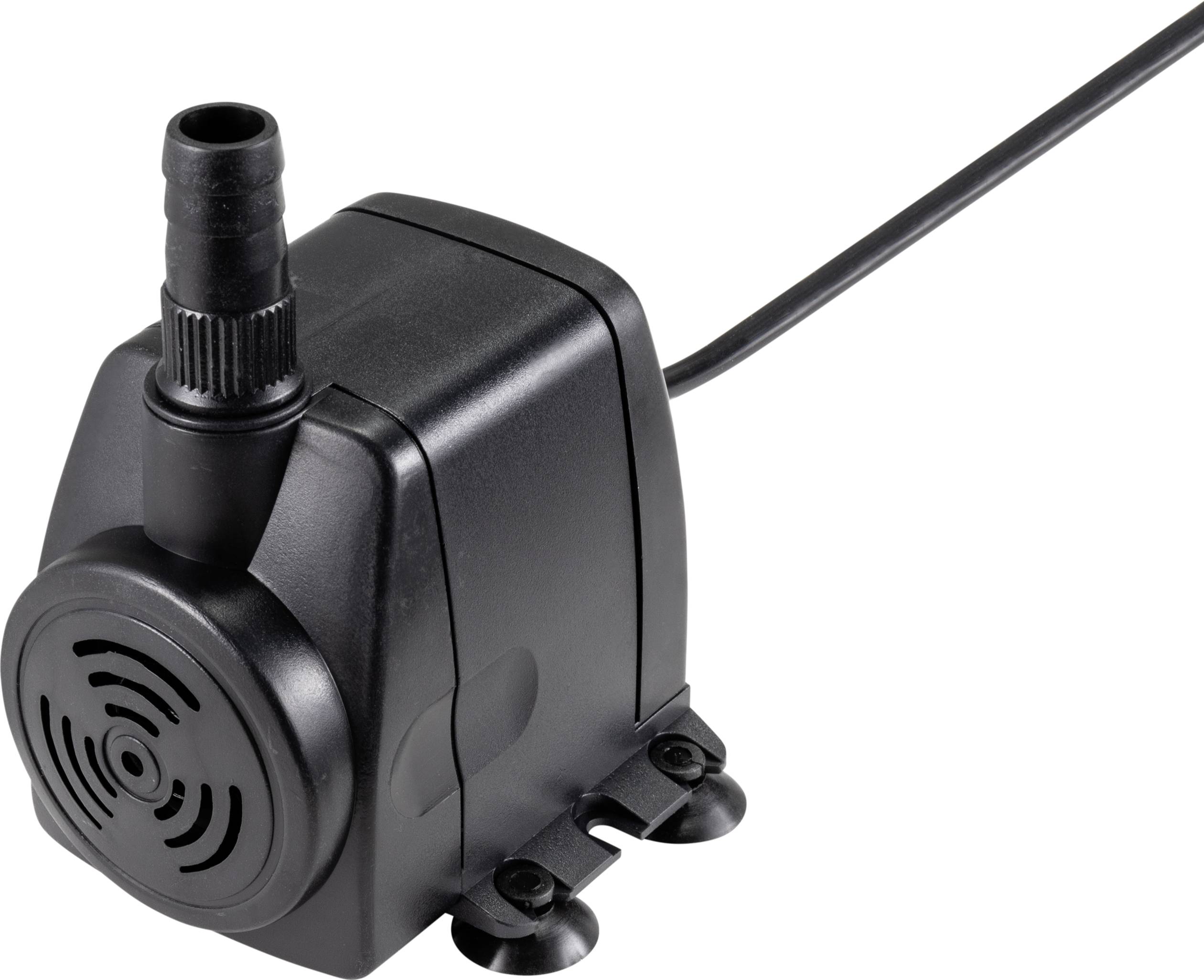 Petite pompe à eau noire avec câble d'alimentation et raccord de tuyau. Adaptée aux aquariums ou aux fontaines d'eau.