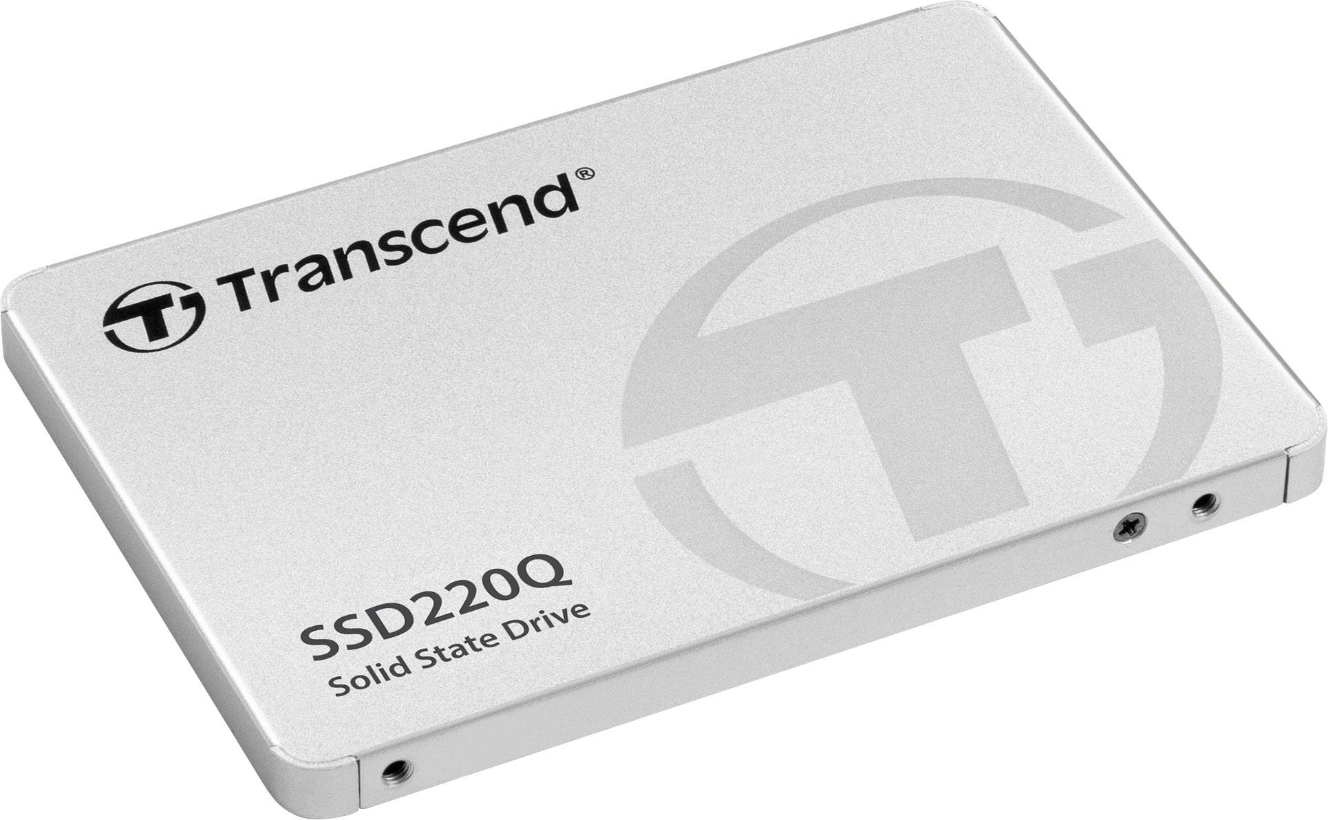 SSD externe Transcend SSD220Q de couleur argentée avec le logo de la marque et le nom visible.