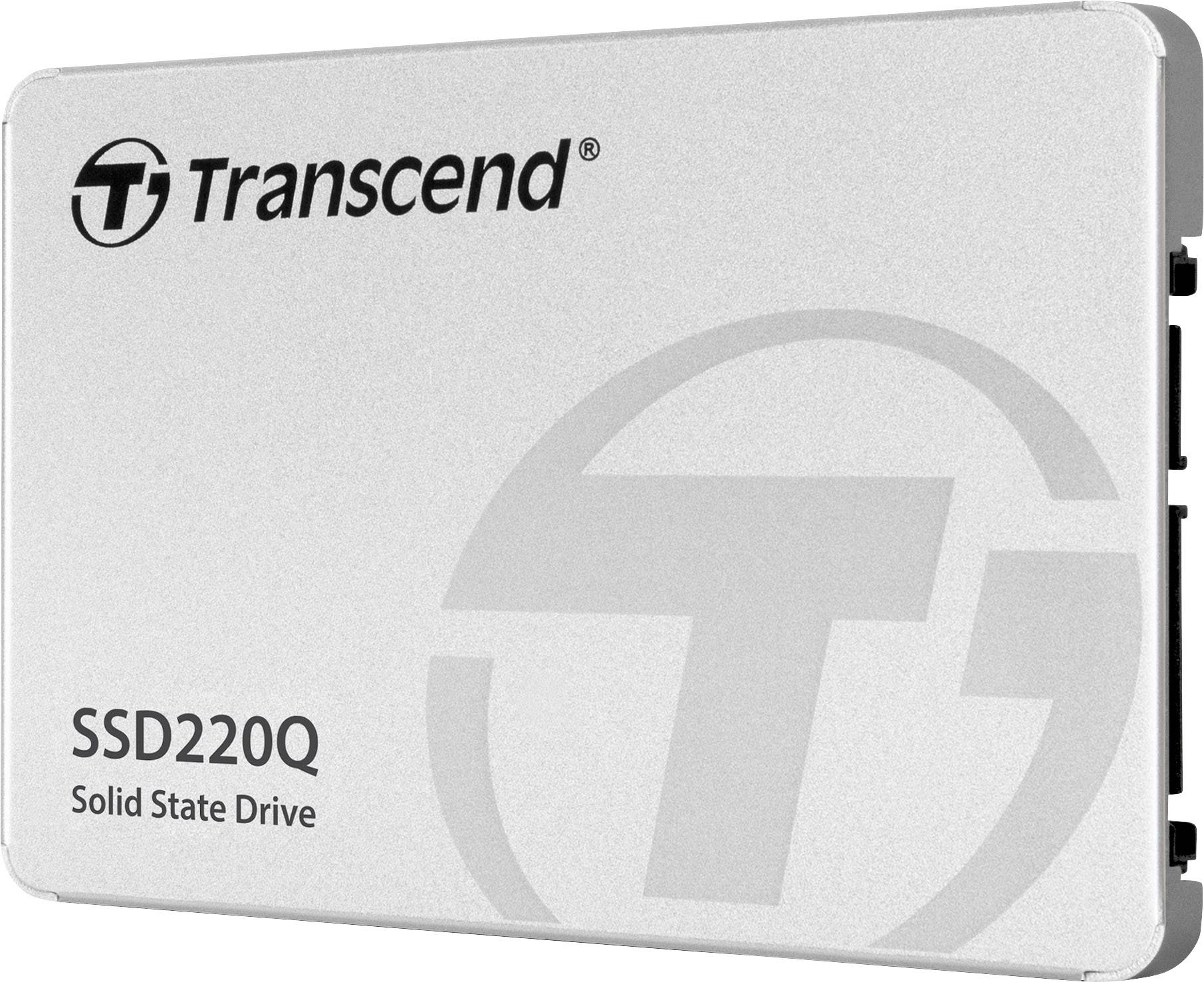 Disque SSD externe blanc 'Transcend SSD220Q' avec grand logo et désignation du produit. Disque dur SSD pour le stockage de données.