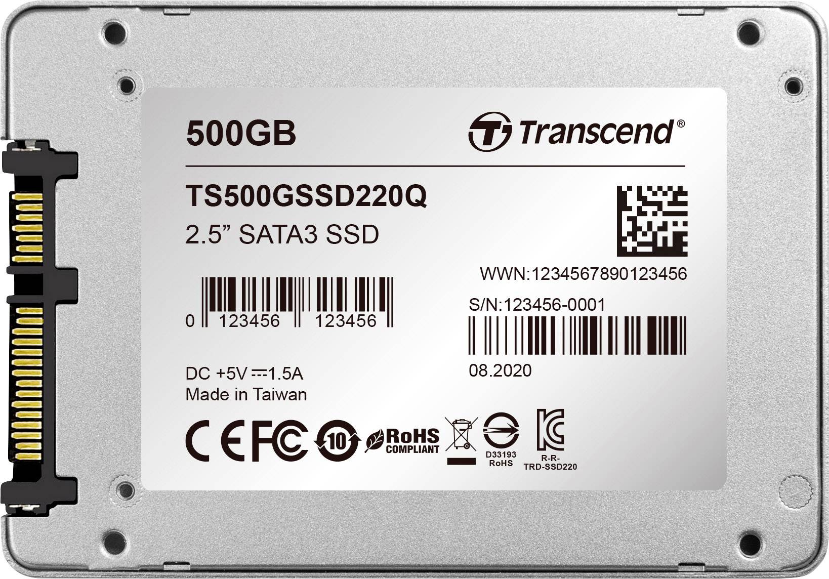 Transcend SSD 2,5 pouces SATA3 d'une capacité de 500 Go. Numéro de modèle : TS500GSSD220Q. Prend en charge DC +5V et est conforme aux directives RoHS.