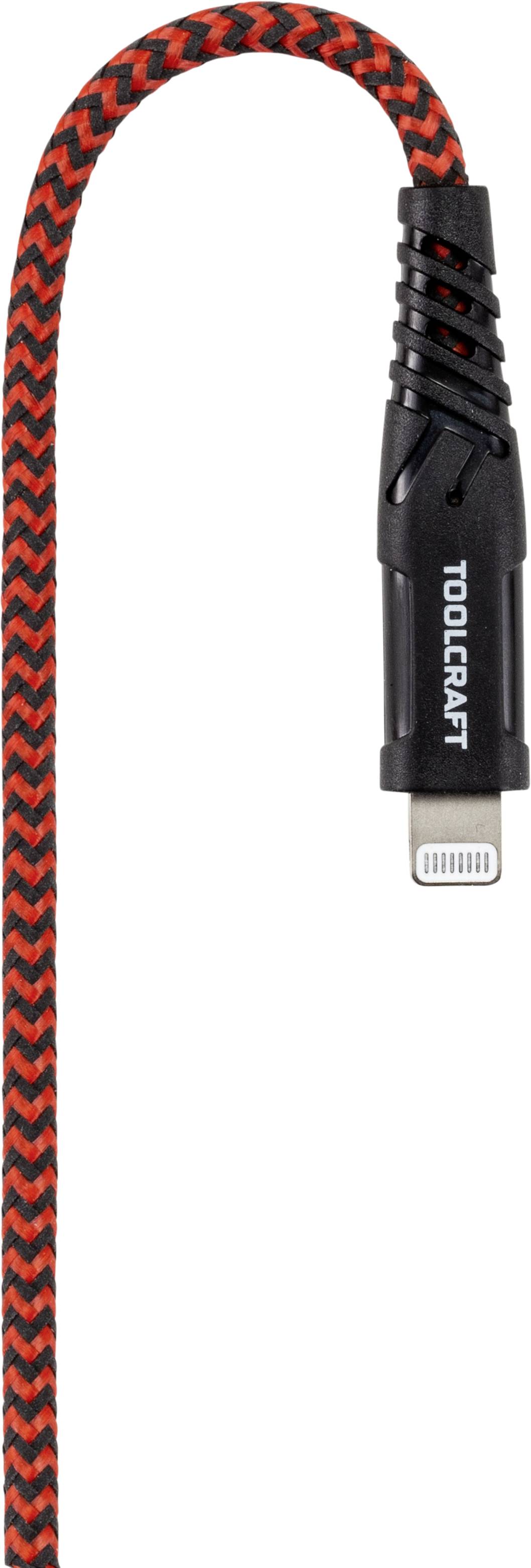 Un câble USB à motif rouge et noir avec un connecteur noir portant l'inscription 'TOOLCRAFT' sur la fiche.