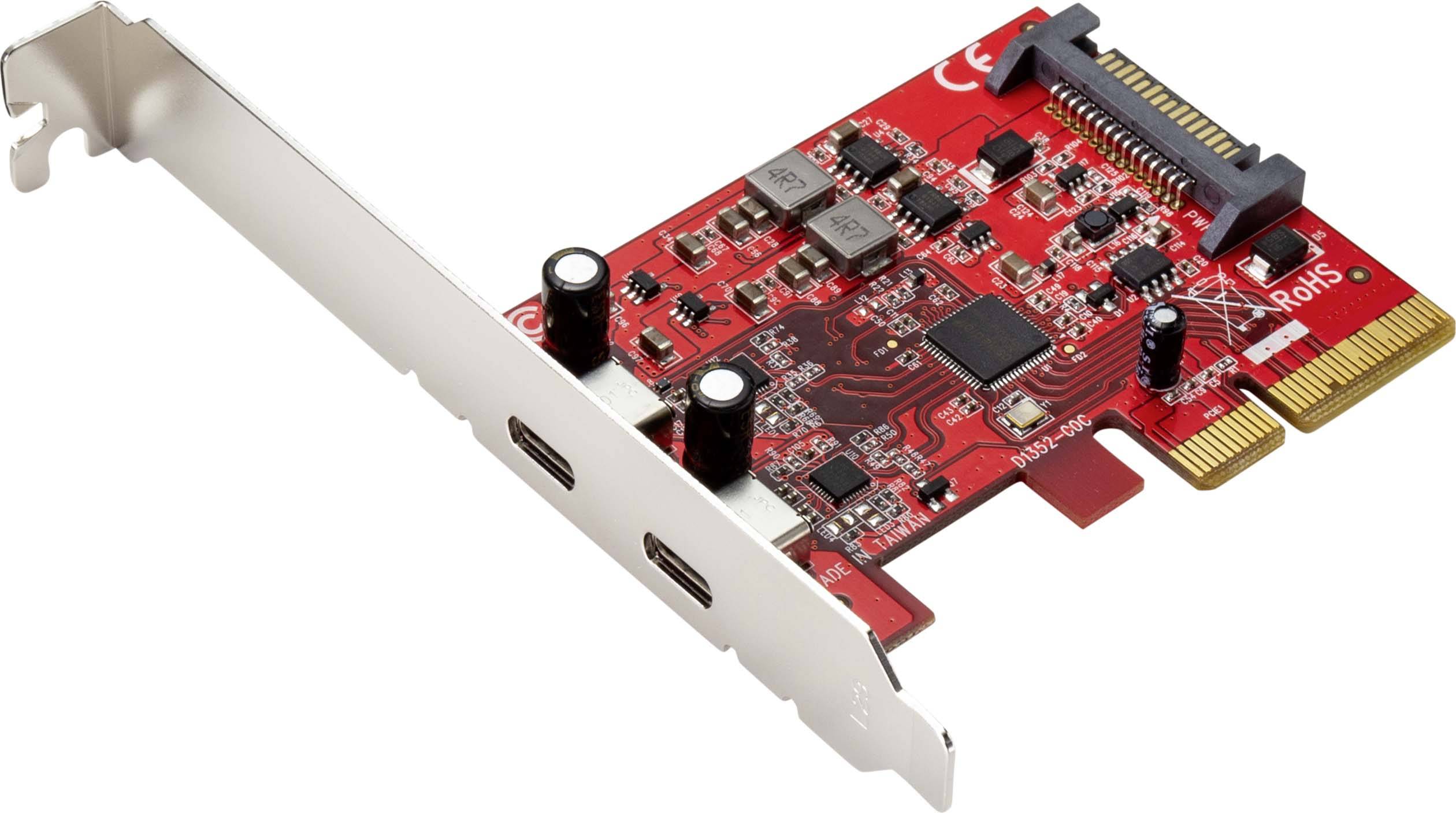 Carte d'extension PCIe rouge avec deux ports USB-C et plaque de support argentée, adaptée à l'installation dans un ordinateur.